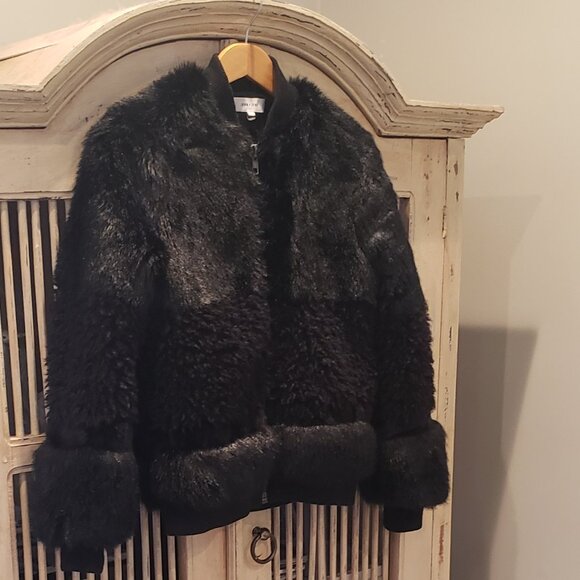 John + Jenn Black Faux Fur Bomber Jacket Mixed Texture Small - Picture 2 of 11